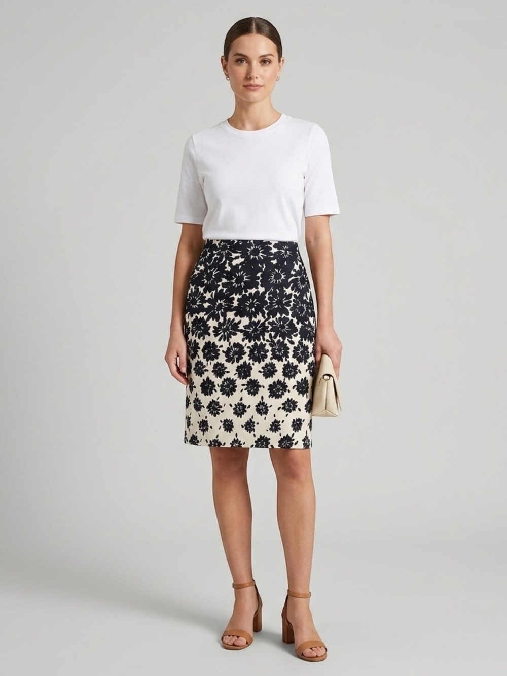 Trisisto Femme Floral Pencil Skirt Navy/Cream Knee Length Lined Size 10